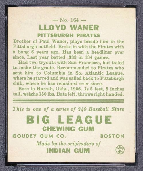 1933 Goudey #164 Lloyd Waner Pittsburgh Pirates - Back