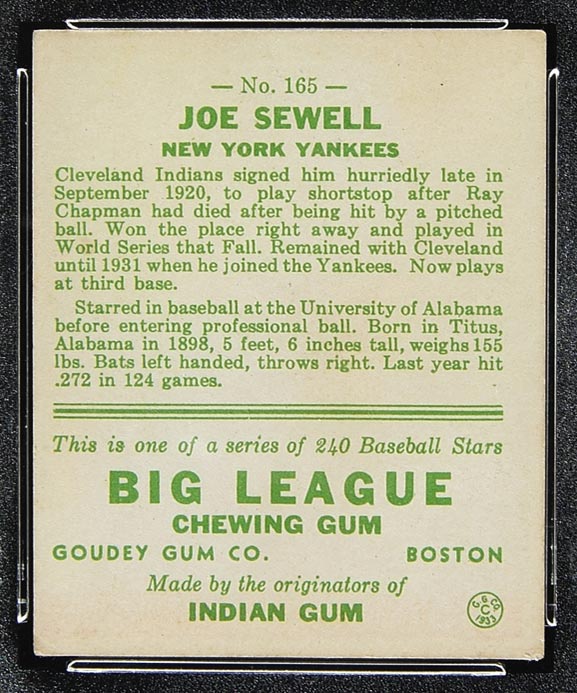 1933 Goudey #165 Joe Sewell New York Yankees - Back