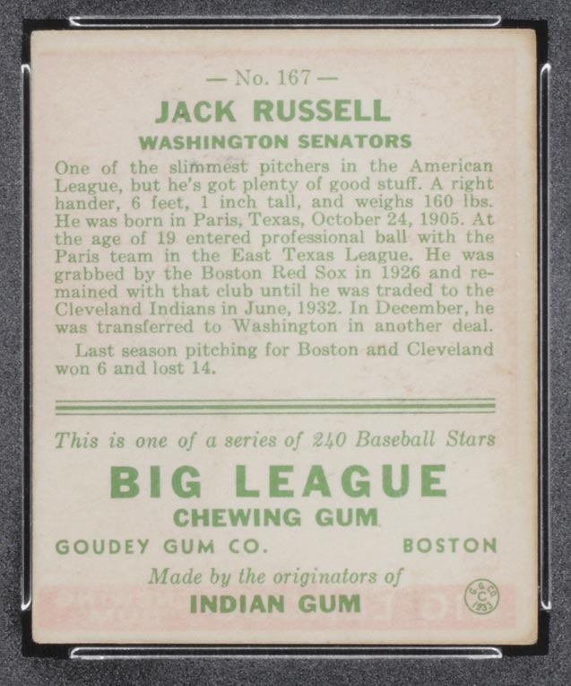 1933 Goudey #167 Jack Russell Washington Senators - Back