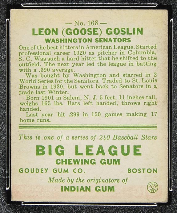 1933 Goudey #168 Leon (Goose) Goslin Washington Senators - Back