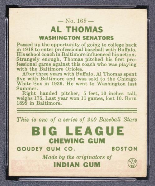 1933 Goudey #169 Al Thomas Washington Senators - Back