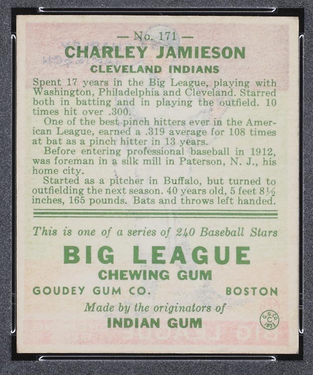 1933 Goudey #171 Charley Jamieson Cleveland Indians - Back