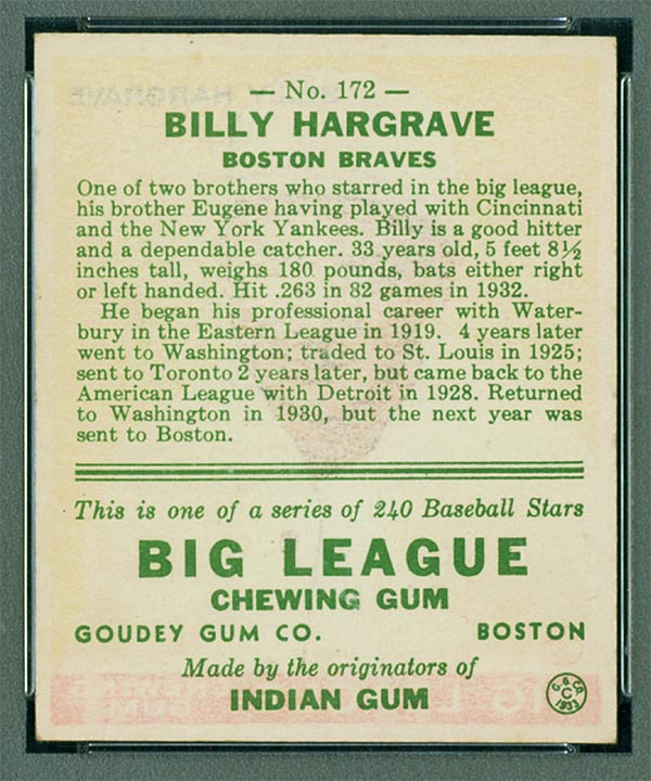 1933 Goudey #172 Billy Hargrave Boston Braves - Back