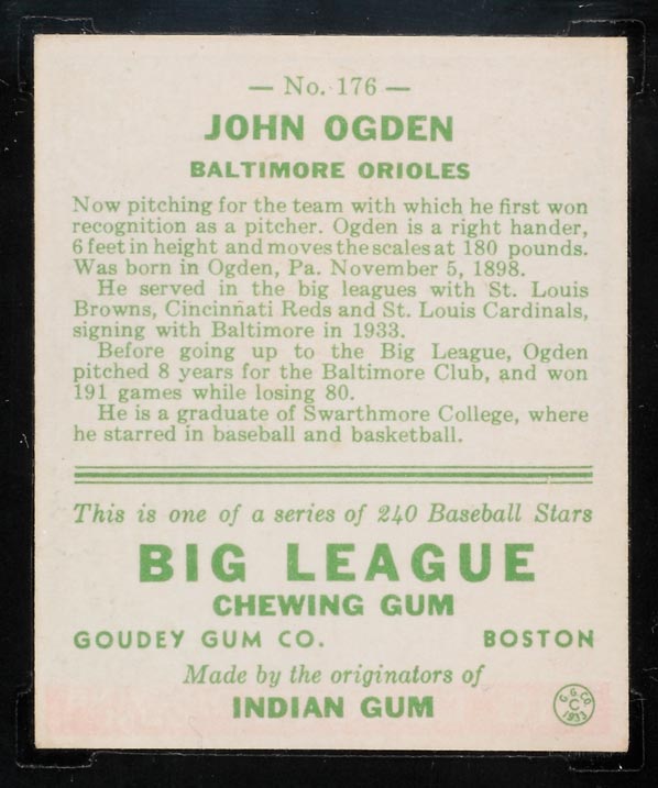 1933 Goudey #176 John Ogden Baltimore Orioles - Back