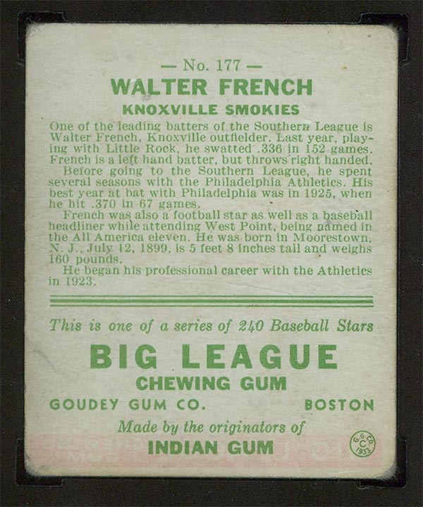 1933 Goudey #177 Walter French Knoxville Smokies - Back