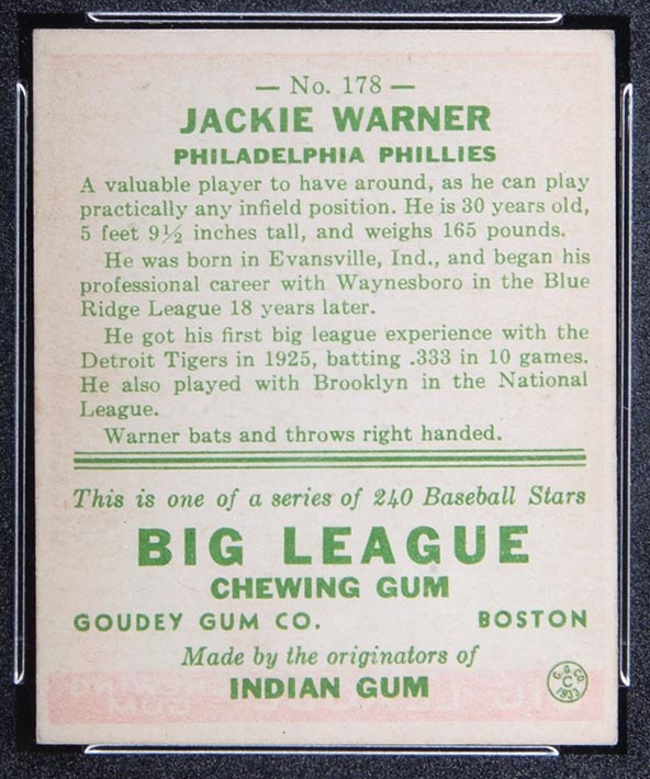 1933 Goudey #178 Jackie Warner Philadelphia Phillies - Back