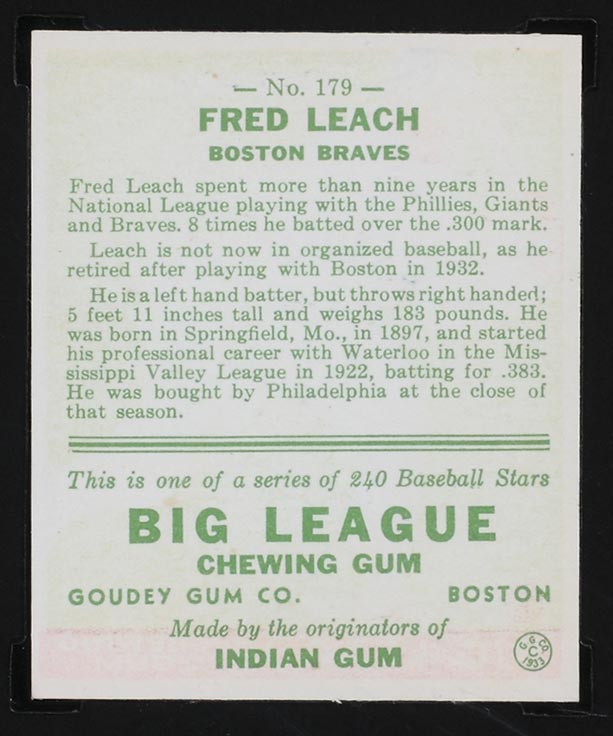 1933 Goudey #179 Fred Leach Boston Braves - Back