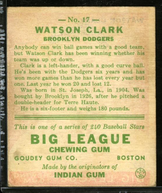 1933 Goudey #17 Watson Clark Brooklyn Dodgers - Back