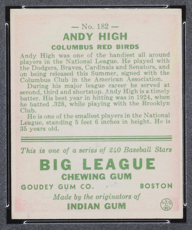 1933 Goudey #182 Andy High Columbus Red Birds - Back