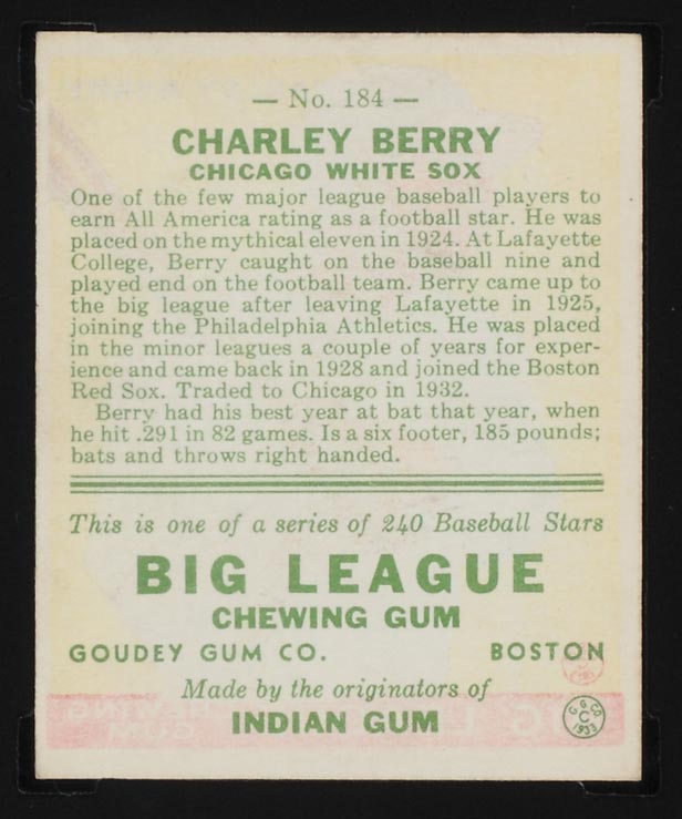 1933 Goudey #184 Charley Berry Chicago White Sox - Back