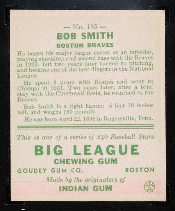 1933 Goudey #185 Bob Smith Boston Braves - Back