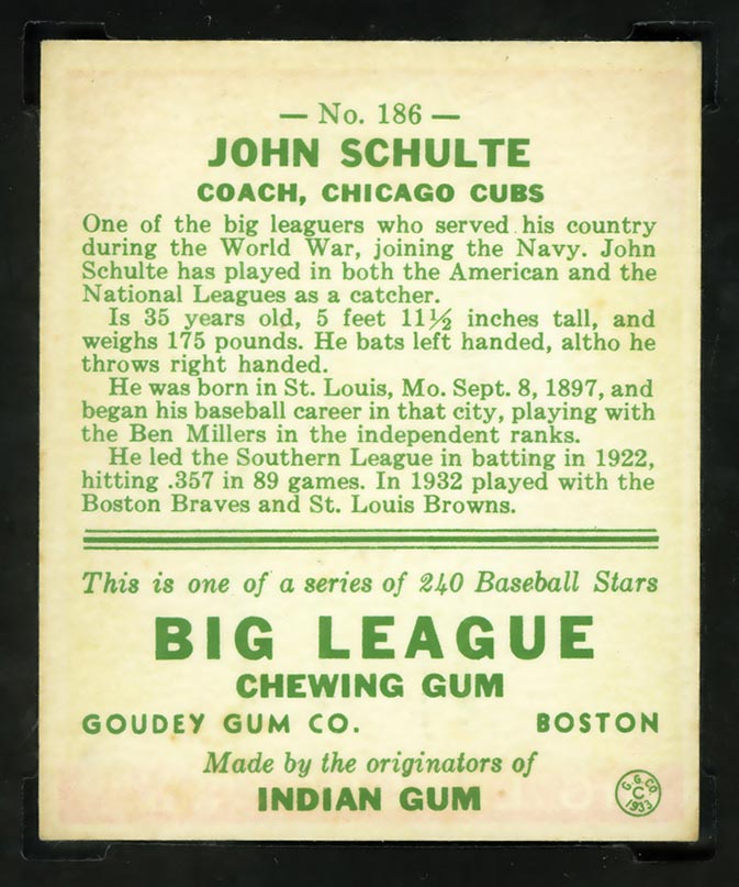 1933 Goudey #186 John Schulte Chicago Cubs - Back