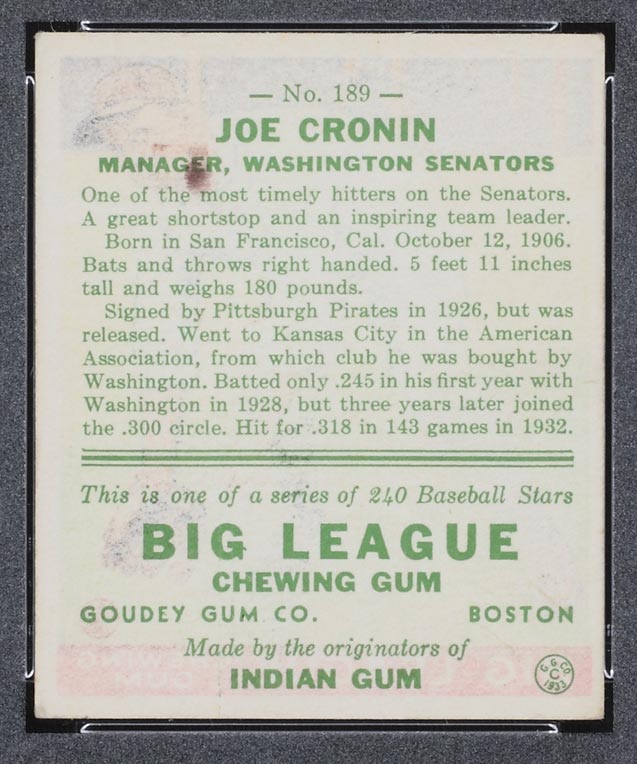 1933 Goudey #189 Joe Cronin Washington Senators - Back