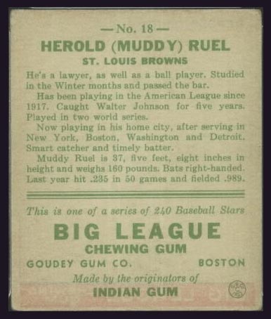 1933 Goudey #18 Herold (Muddy) Ruel St. Louis Browns - Back