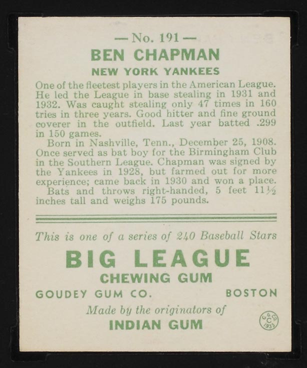 1933 Goudey #191 Ben Chapman New York Yankees - Back