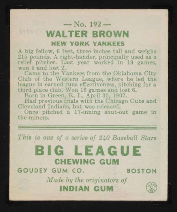 1933 Goudey #192 Walter Brown New York Yankees - Back