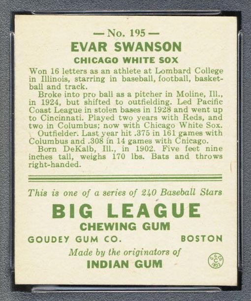 1933 Goudey #195 Evar Swanson Chicago White Sox - Back