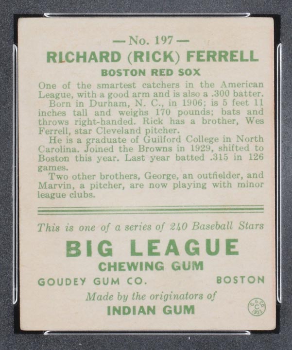 1933 Goudey #197 Richard (Rick) Ferrell Boston Red Sox - Back