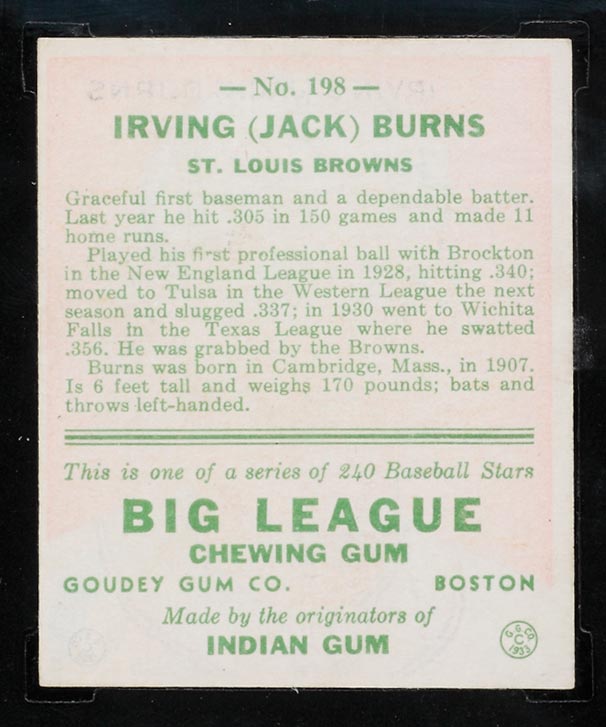 1933 Goudey #198 Irving (Jack) Burns St. Louis Browns - Back