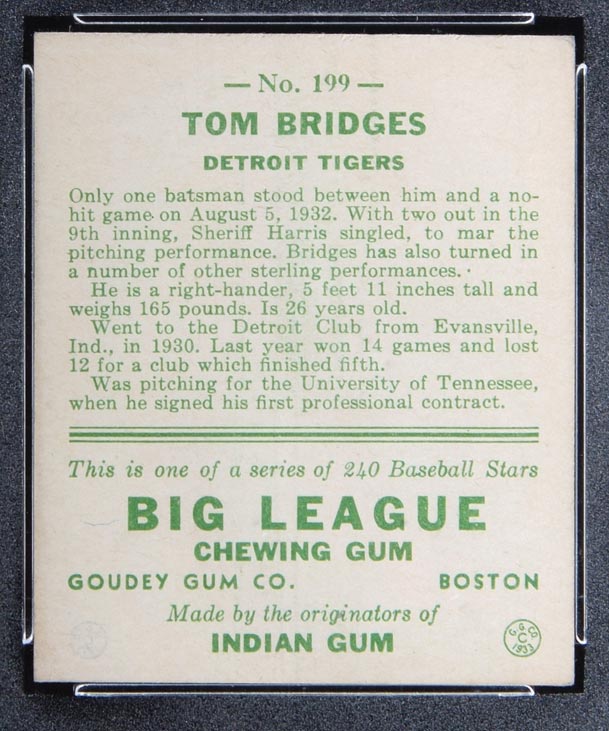 1933 Goudey #199 Tom Bridges Detroit Tigers - Back