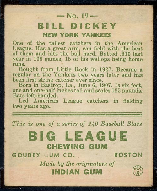 1933 Goudey #19 Bill Dickey New York Yankees - Back