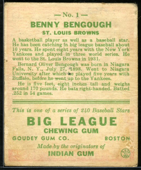 1933 Goudey #1 Benny Bengough St. Louis Browns - Back