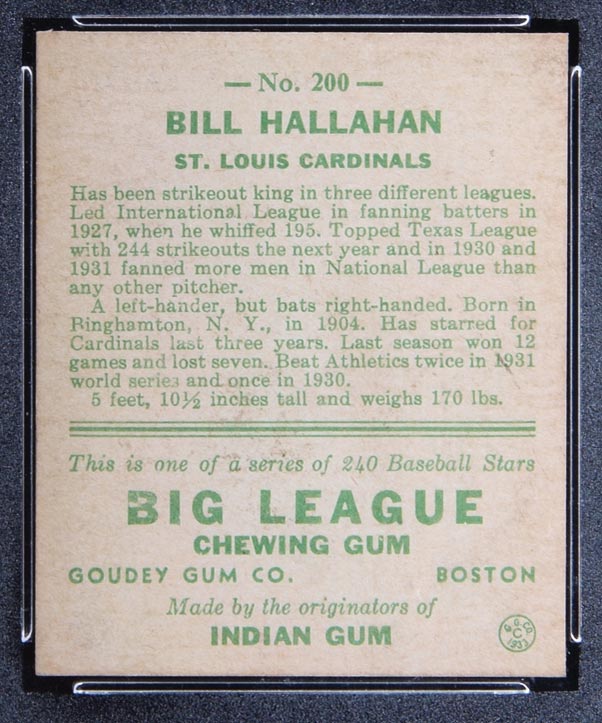 1933 Goudey #200 Bill Hallahan St. Louis Cardinals - Back