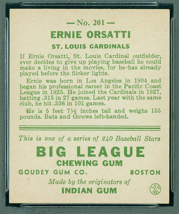 1933 Goudey #201 Ernie Orsatti St. Louis Cardinals - Back