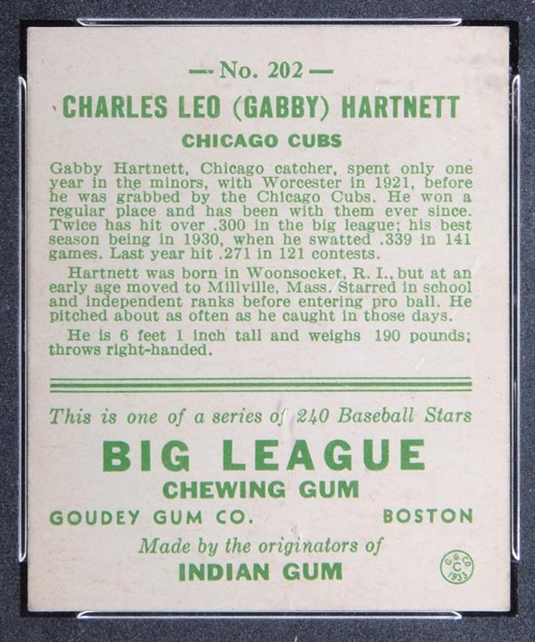 1933 Goudey #202 Charles Leo (Gabby) Hartnett Chicago Cubs - Back