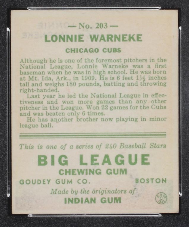 1933 Goudey #203 Lonnie Warneke Chicago Cubs - Back