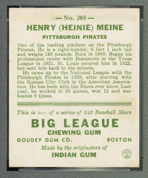 1933 Goudey #205 Henry (Heinie) Meine Pittsburgh Pirates - Back