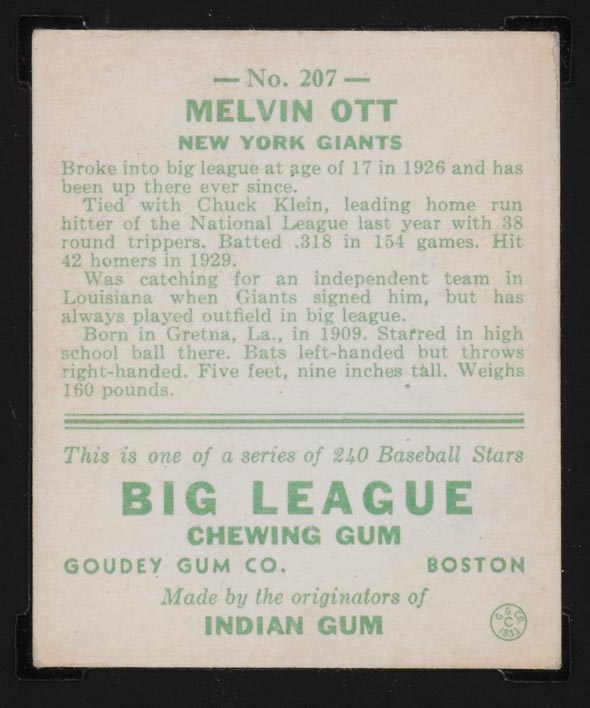 1933 Goudey #207 Melvin Ott New York Giants - Back