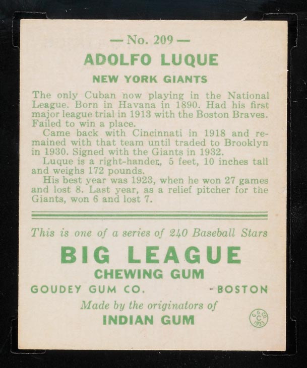 1933 Goudey #209 Adolfo Luque New York Giants - Back