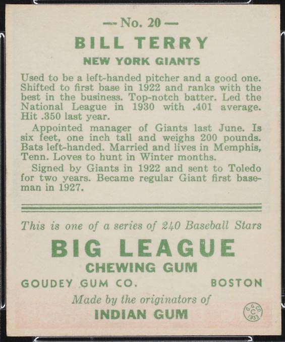 1933 Goudey #20 Bill Terry New York Giants - Back