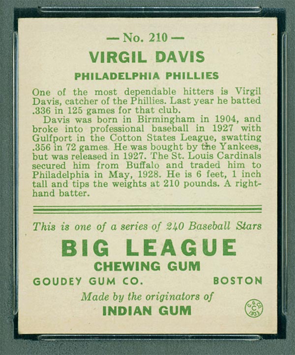 1933 Goudey #210 Virgil Davis Philadelphia Phillies - Back