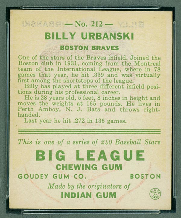 1933 Goudey #212 Billy Urbanski Boston Braves - Back