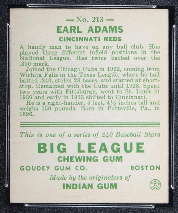 1933 Goudey #213 Earl Adams Cincinnati Reds - Back