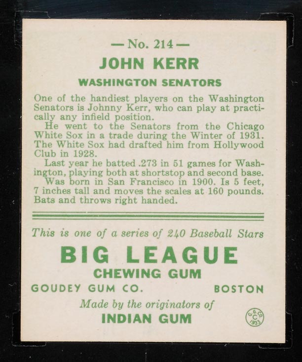 1933 Goudey #214 John Kerr Washington Senators - Back