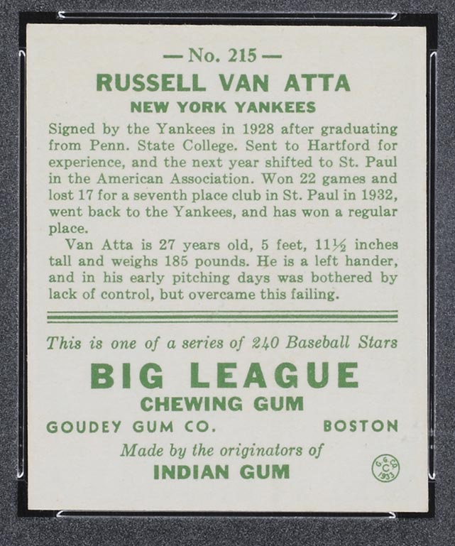 1933 Goudey #215 Russell Van Atta New York Yankees - Back