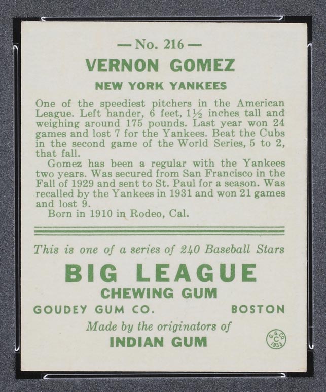 1933 Goudey #216 Vernon Gomez New York Yankees - Back