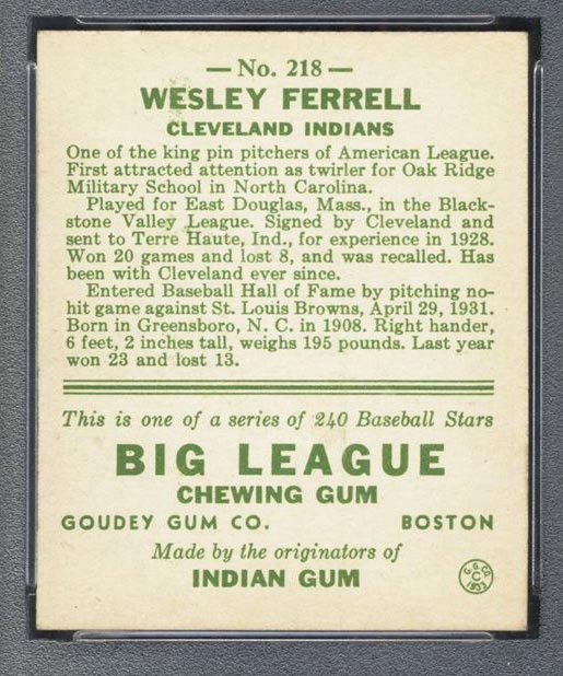 1933 Goudey #218 Wesley Ferrell Cleveland Indians - Back