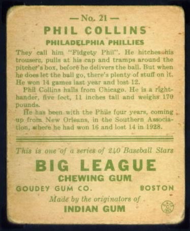 1933 Goudey #21 Phil Collins Philadelphia Phillies - Back