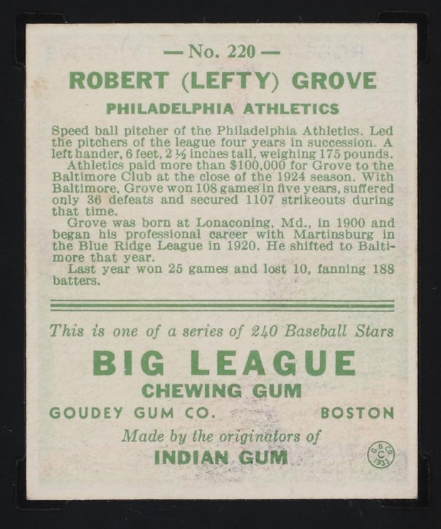 1933 Goudey #220 Robert (Lefty) Grove Philadelphia Athletics - Back