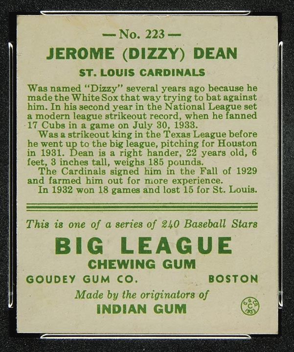 1933 Goudey #223 Jerome (Dizzy) Dean St. Louis Cardinals - Back