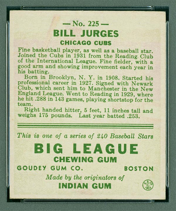 1933 Goudey #225 Bill Jurges Chicago Cubs - Back