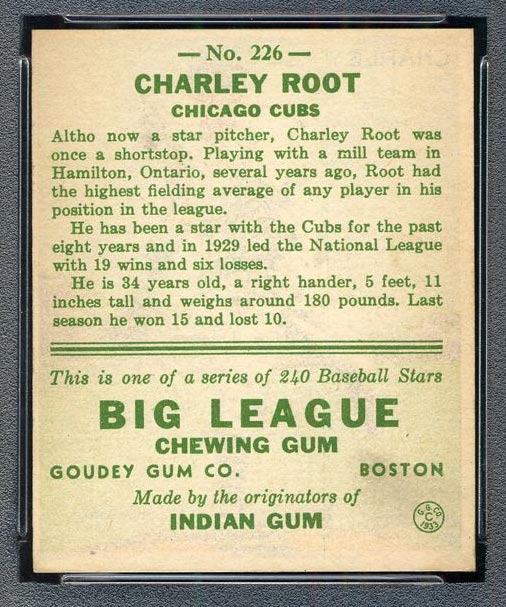 1933 Goudey #226 Charley Root Chicago Cubs - Back