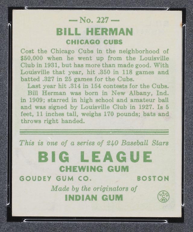 1933 Goudey #227 Bill Herman Chicago Cubs - Back