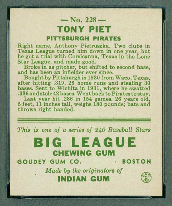 1933 Goudey #228 Tony Piet Pittsburgh Pirates - Back