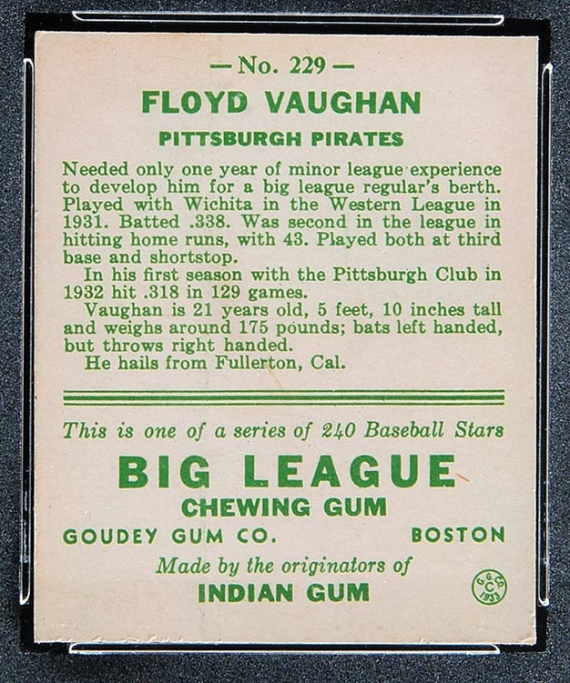 1933 Goudey #229 Floyd Vaughan Pittsburgh Pirates - Back