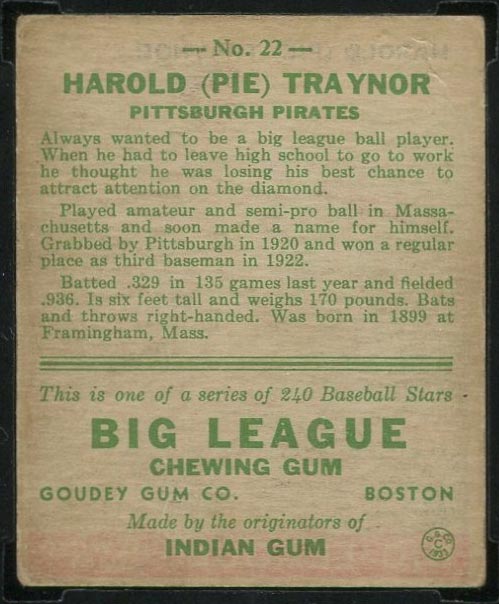 1933 Goudey #22 Harold (Pie) Traynor Pittsburgh Pirates - Back